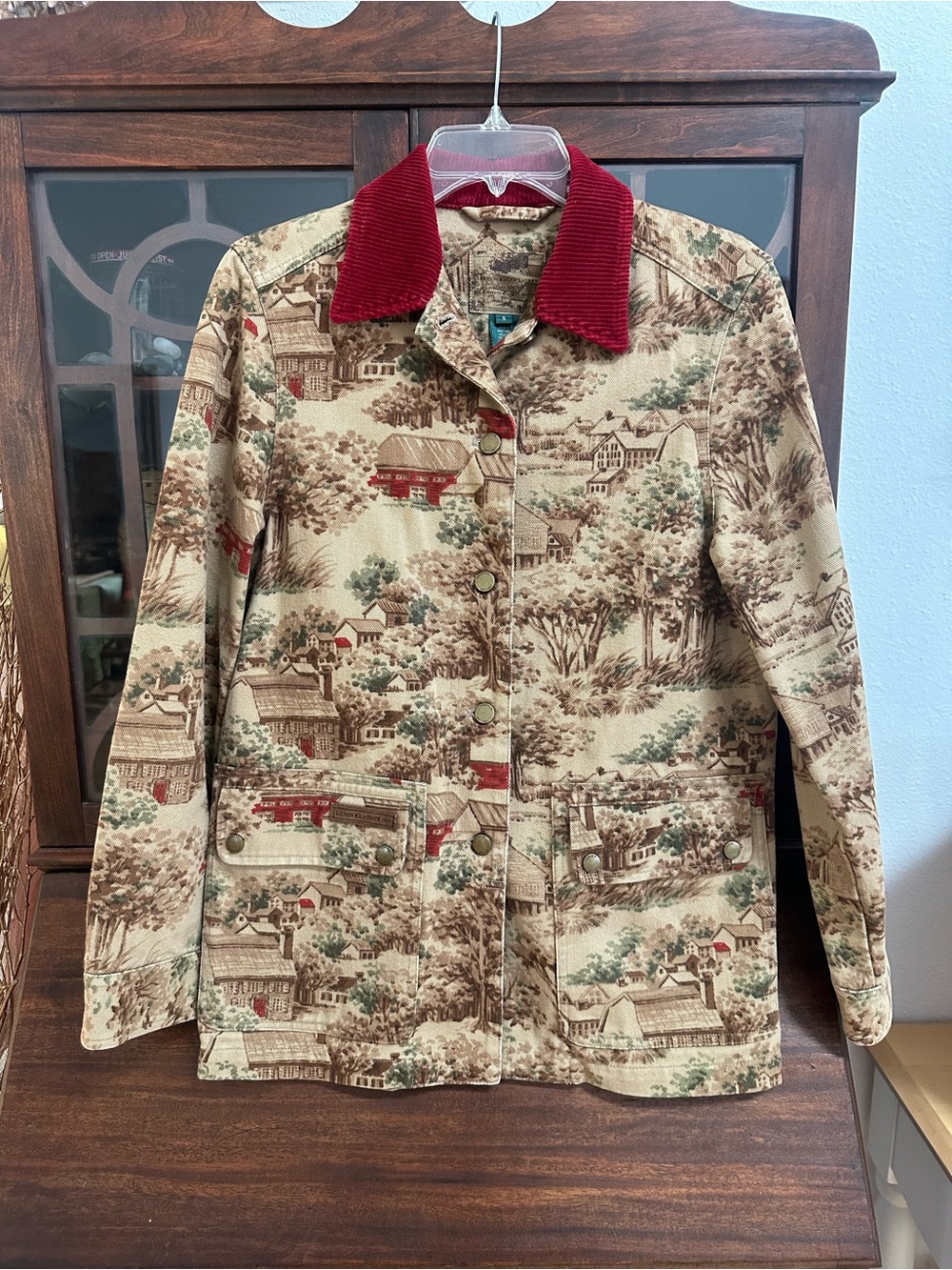Ralph Lauren English Countryside Print Denim Chore Coat with Red Corduroy Collar